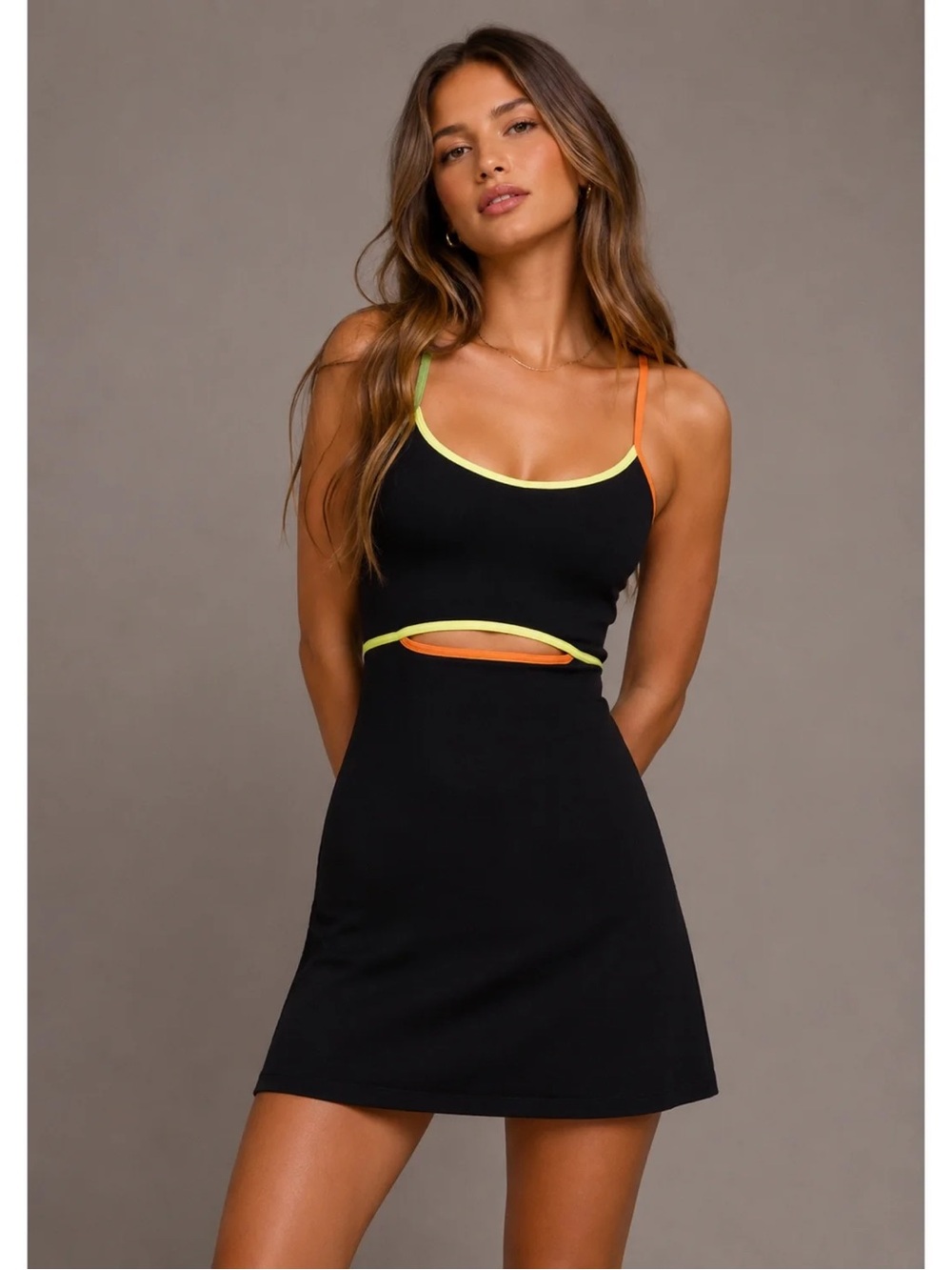 Spiritual Gangster Black Mini Dress with Neon Yellow & Orange Trim Size Small